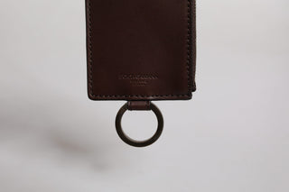 Cartera portatarjetas con cordón de piel de becerro marrón con logo