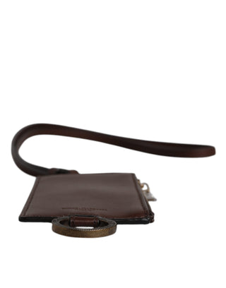 Cartera portatarjetas con cordón de piel de becerro marrón con logo