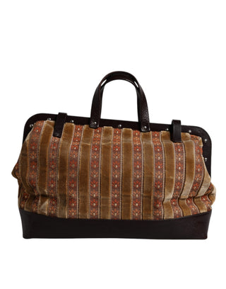 Bolso de mano de viaje de jacquard de terciopelo beige y burdeos con cuero