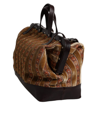 Bolso de mano de viaje de jacquard de terciopelo beige y burdeos con cuero