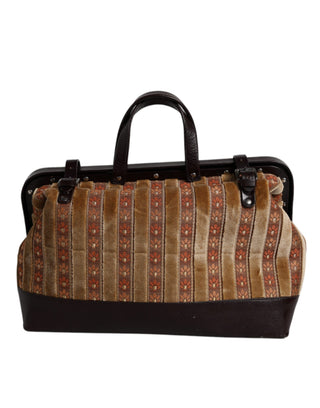 Bolso de mano de viaje de jacquard de terciopelo beige y burdeos con cuero