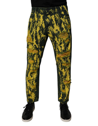 Jeans de mezclilla ajustados para hombre de algodón teñidos con nudos negros y amarillos desgastados
