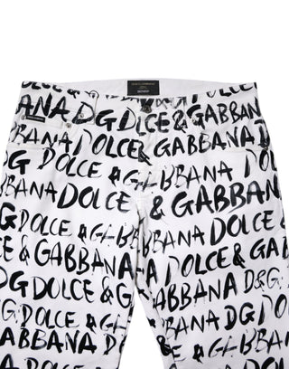 White Cotton Logo Print Skinny Denim Jeans