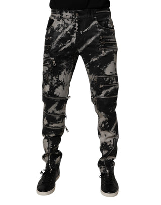 Dark Gray Tie Dye Cotton Skinny Zip Denim Jeans