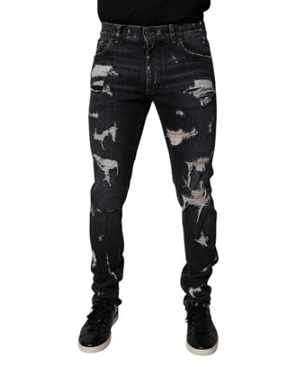 Schwarze, zerrissene Skinny-Jeans aus Baumwolle für Herren
