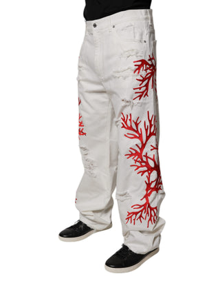 Jeans de mezclilla rectos desgastados con corales blancos