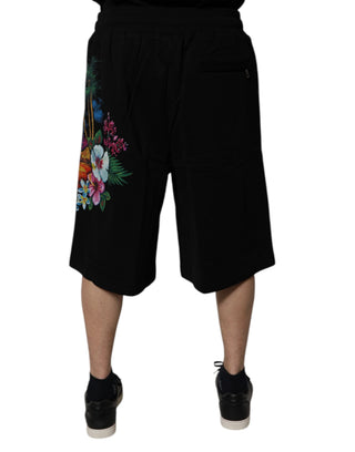 Bermudashorts aus schwarzer Baumwolle mit Blumen-Logoprint