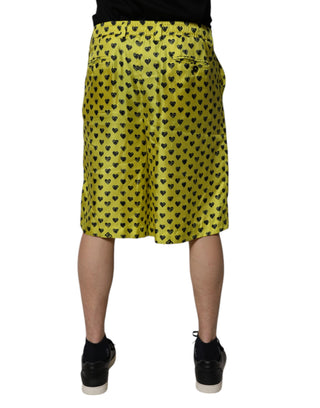 Green Silk Heart Print Bermuda Shorts