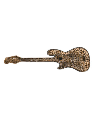 Gitarren-Ansteckbrosche aus Goldmessing mit Logo und Perlenbesatz
