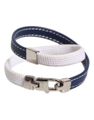 Blaues Armband mit weißen Lederverzierungen und silbergrauem DG-Verschluss