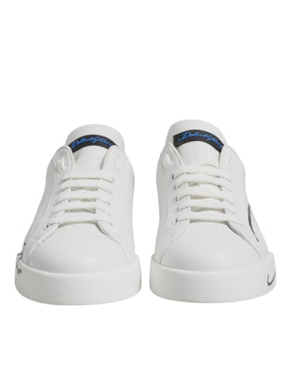 Weiße blaue Leder-Logo-Low-Top-Sneakers