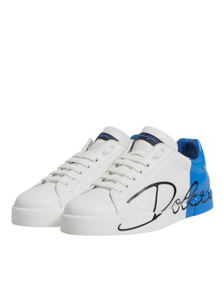 Weiße blaue Leder-Logo-Low-Top-Sneakers