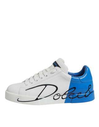 Weiße blaue Leder-Logo-Low-Top-Sneakers