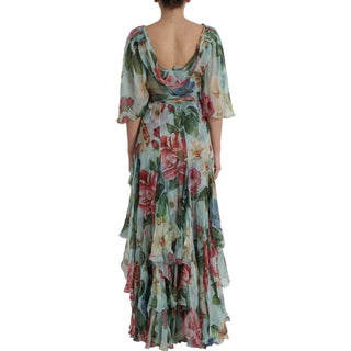 Blue Floral Print Tiered Long Maxi Dress