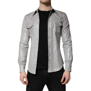 Metallic Gray Cotton Button Down Shirt
