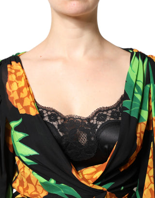 Black Silk Pineapple Draped Print Wrap Dress