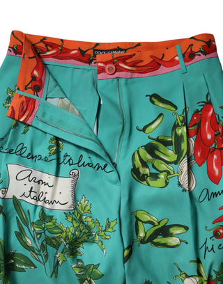 Green Silk Printed Straight Pants
