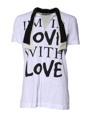 Camiseta blanca de mezcla de algodón y seda con cuello ascot