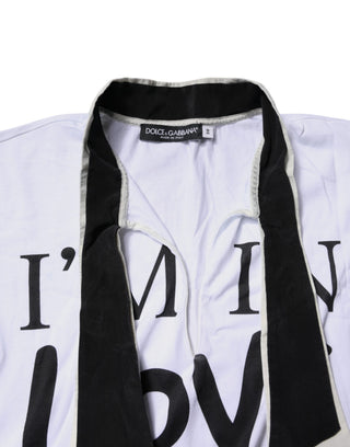Camiseta blanca de mezcla de algodón y seda con cuello ascot