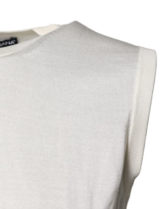 Cremefarbenes ärmelloses Tanktop aus Seide mit Rundhalsausschnitt
