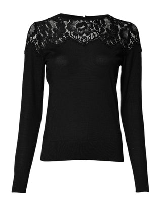 Schwarze Bluse mit langen Ärmeln und Blumenmuster-Spitze
