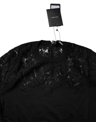 Schwarze Bluse mit langen Ärmeln und Blumenmuster-Spitze