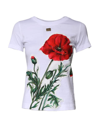 Camiseta blanca de algodón con estampado floral y cuello redondo