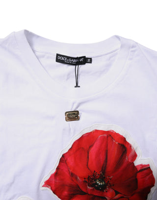 Camiseta blanca de algodón con estampado floral y cuello redondo