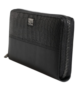 Black Leather Logo Plaque Zip Around Continental Wallet
