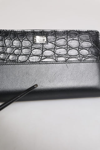 Black Leather Logo Plaque Zip Around Continental Wallet