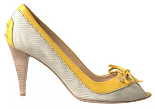 Zapatos de tacón peep toe amarillo y blanco roto  