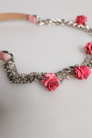 Rosa bestickter Gürtel aus strukturiertem Leder mit Rosenmotiv