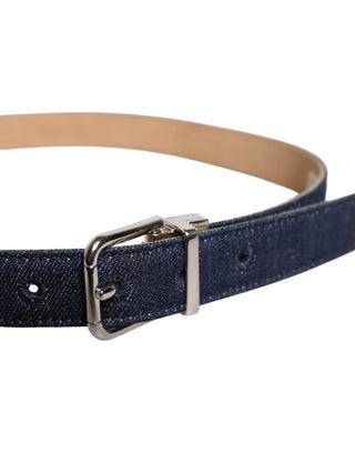 Blauer Denim-Gürtel mit silberner Logo-Metallschnalle