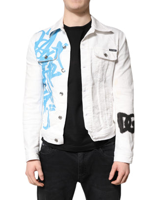 Weiße Graffiti Baumwoll-Stretch-Jeansjacke
