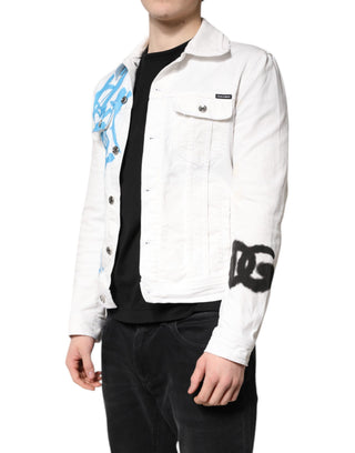 Weiße Graffiti Baumwoll-Stretch-Jeansjacke
