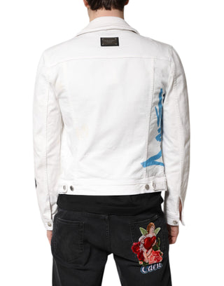 Weiße Graffiti Baumwoll-Stretch-Jeansjacke