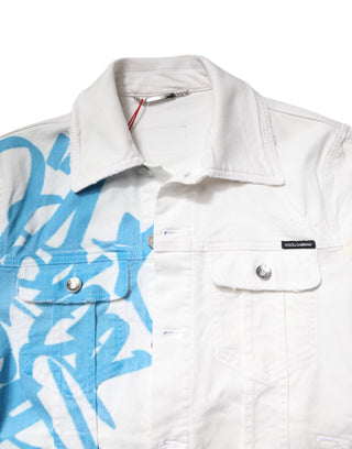 Weiße Graffiti Baumwoll-Stretch-Jeansjacke