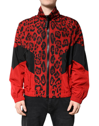 Chaqueta bomber de nylon roja con estampado de leopardo y cremallera completa