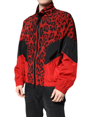 Chaqueta bomber de nylon roja con estampado de leopardo y cremallera completa