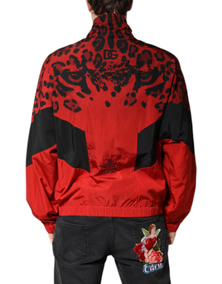 Chaqueta bomber de nylon roja con estampado de leopardo y cremallera completa