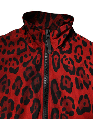 Chaqueta bomber de nylon roja con estampado de leopardo y cremallera completa