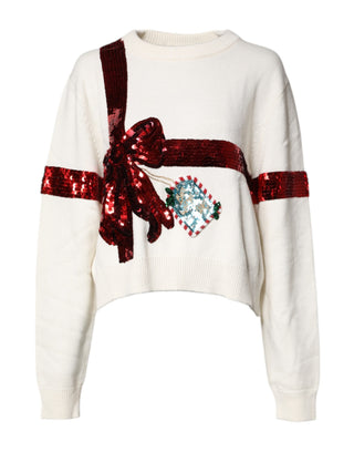 Weißer Pailletten-Pullover mit Rundhalsausschnitt