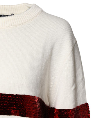 Weißer Pailletten-Pullover mit Rundhalsausschnitt