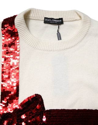 Weißer Pailletten-Pullover mit Rundhalsausschnitt