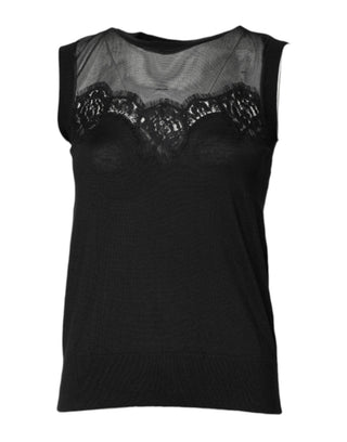 Schwarzes Spitzen-Sheer-Top mit Rundhalsausschnitt und ohne Ärmel