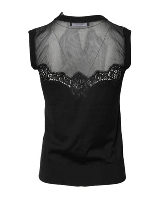 Schwarzes Spitzen-Sheer-Top mit Rundhalsausschnitt und ohne Ärmel