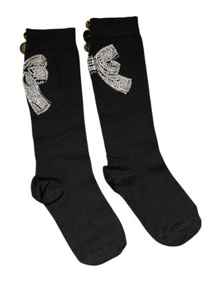 Calcetines negros de punto con adorno floral de cristales