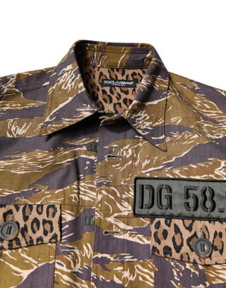 Brown Leopard Cotton Collared Coat Jacket