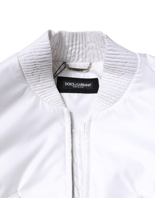 White Nylon Full Zip Cropped Bomber Jacket