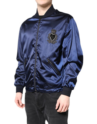 Blauer Nylon DG Crown Bomberjacke mit durchgehendem Reißverschluss